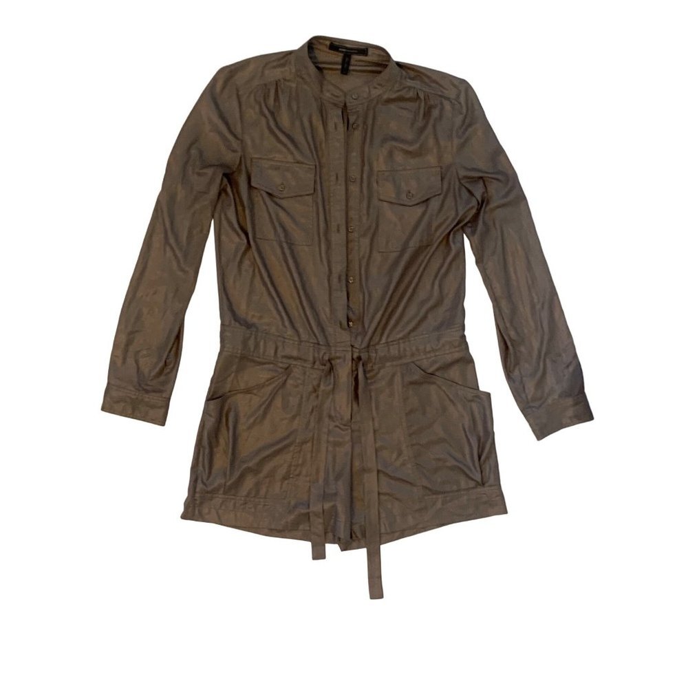 BCBGMAXAZRIA Shimmery Brown Belt Pocket Button Down Metallic Romper